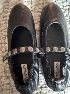 Steve Madden Black Studded Mary Jane Flats with Silver Accents